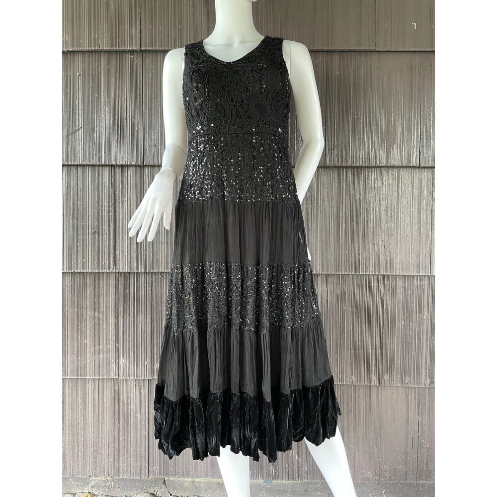 🔥Reba Sequins Tiered Lace Velvet Cocktail Evening Party Romantic Midi Dress 4